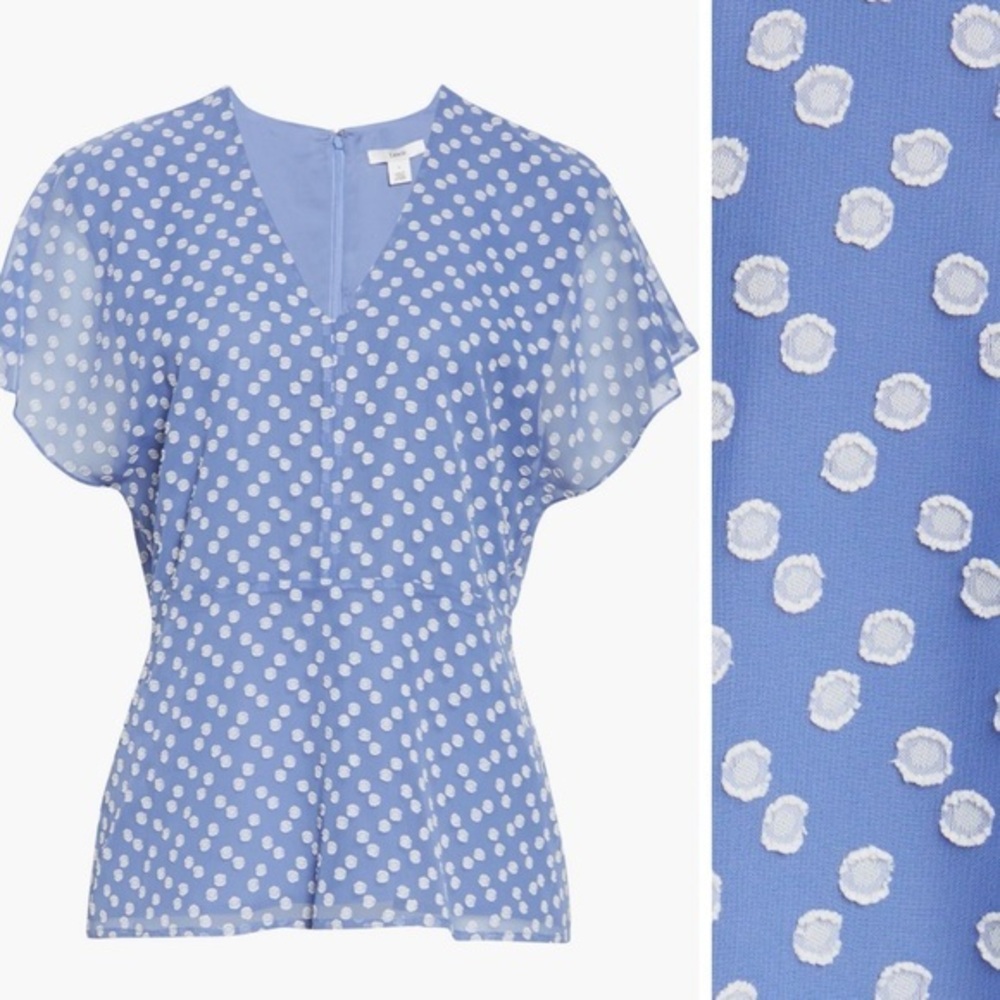 Lewit Embroidered Dot V-Neck Top, Blue Denim, size S NWT